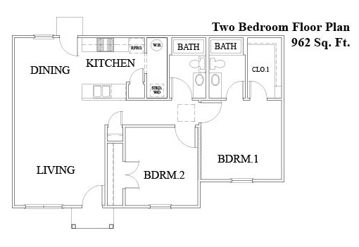 Two-bedroom apartment apartment floor plan, 962 square feet